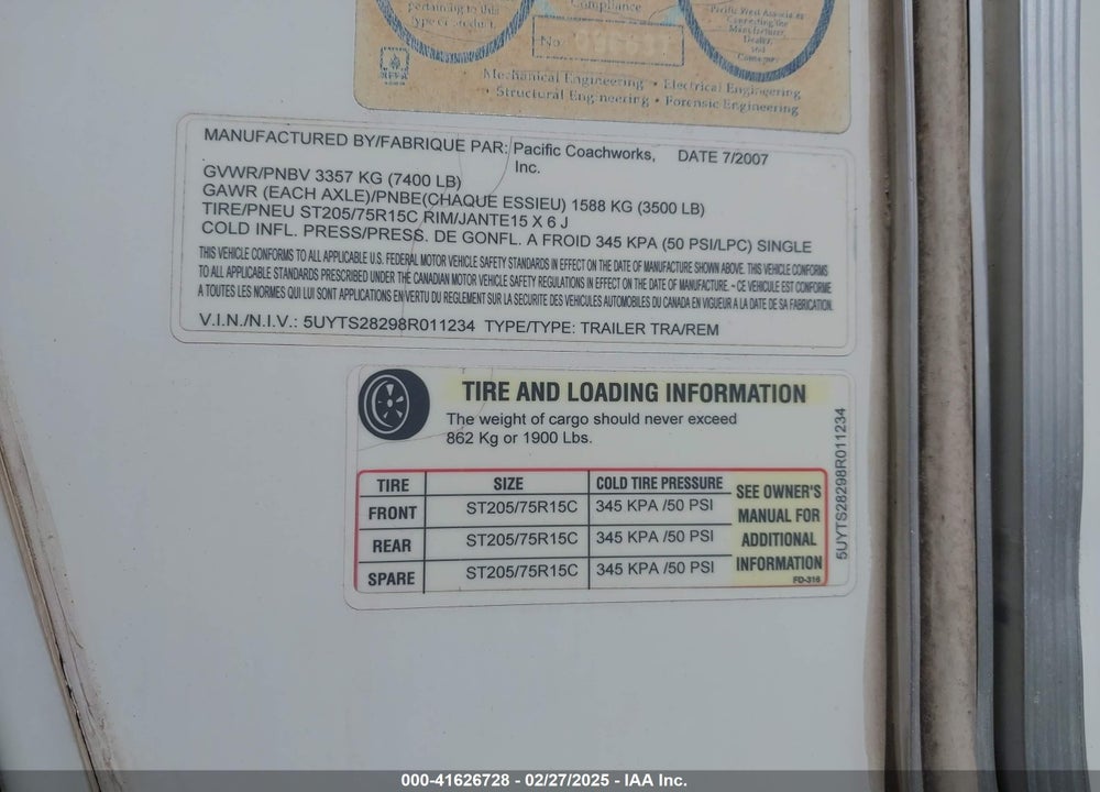 2008 PACIFIC T TRAVEL TRAILER VIN: 5UYTS28298R011234