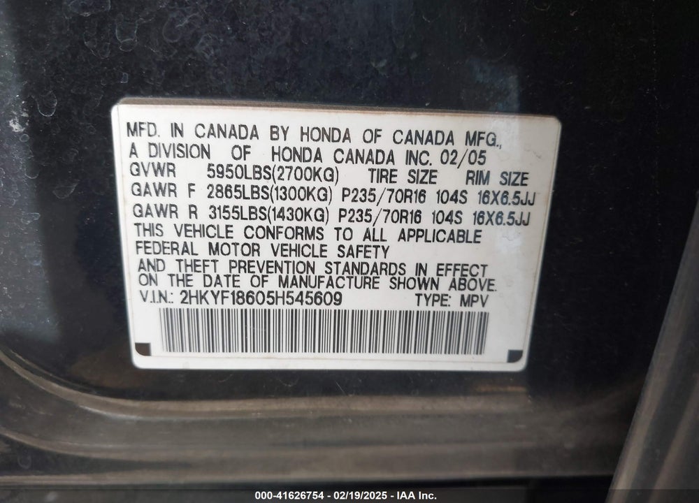 2005 HONDA PILOT EX-L VIN: 2HKYF18605H545609