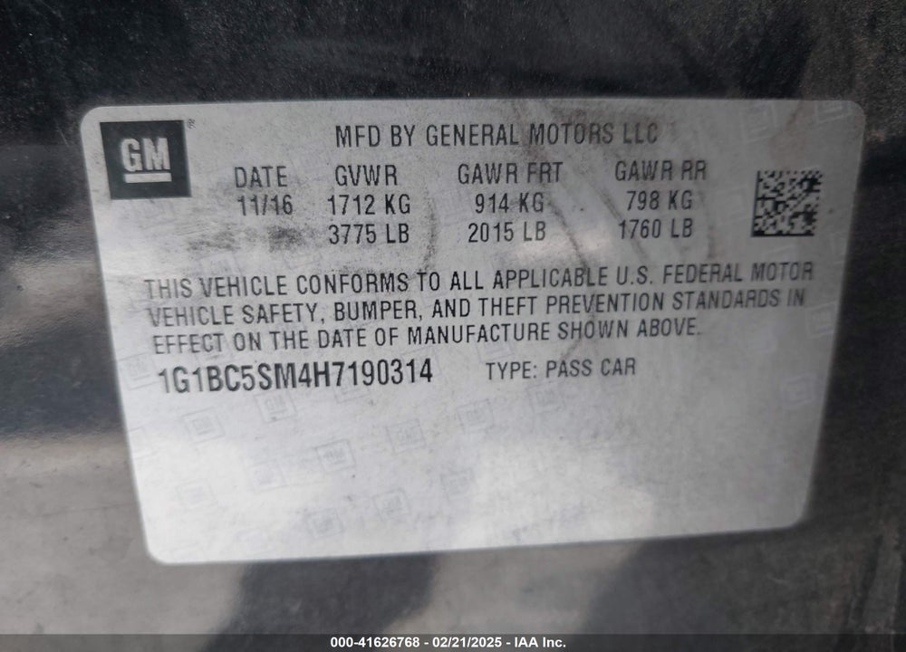 2017 CHEVROLET CRUZE VIN: 1G1BC5SM4H7190314