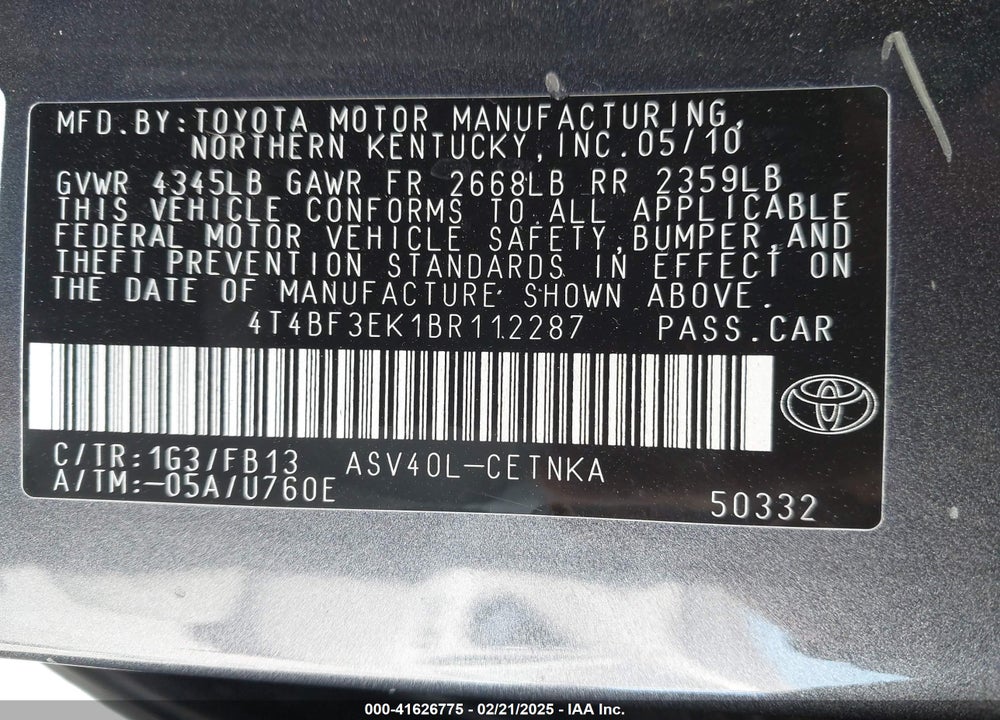 2011 TOYOTA CAMRY VIN: 4T4BF3EK1BR112287