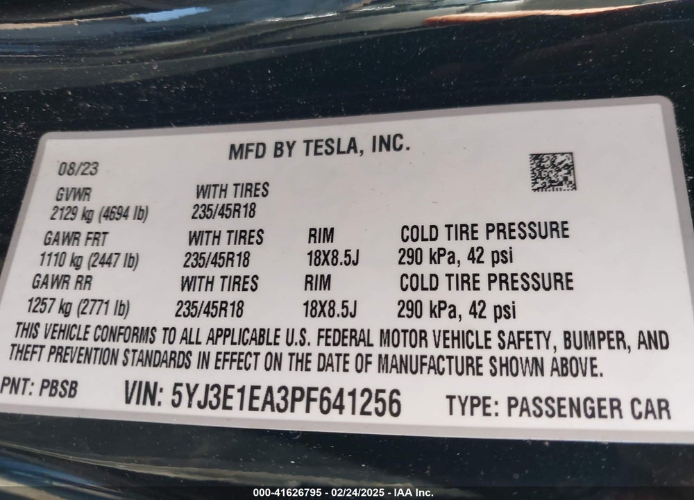 2023 TESLA MODEL 3 REAR-WHEEL DRIVE VIN: 5YJ3E1EA3PF641256