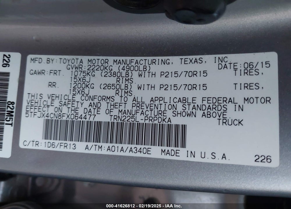 2015 TOYOTA TACOMA VIN: 5TFJX4CN8FX064477