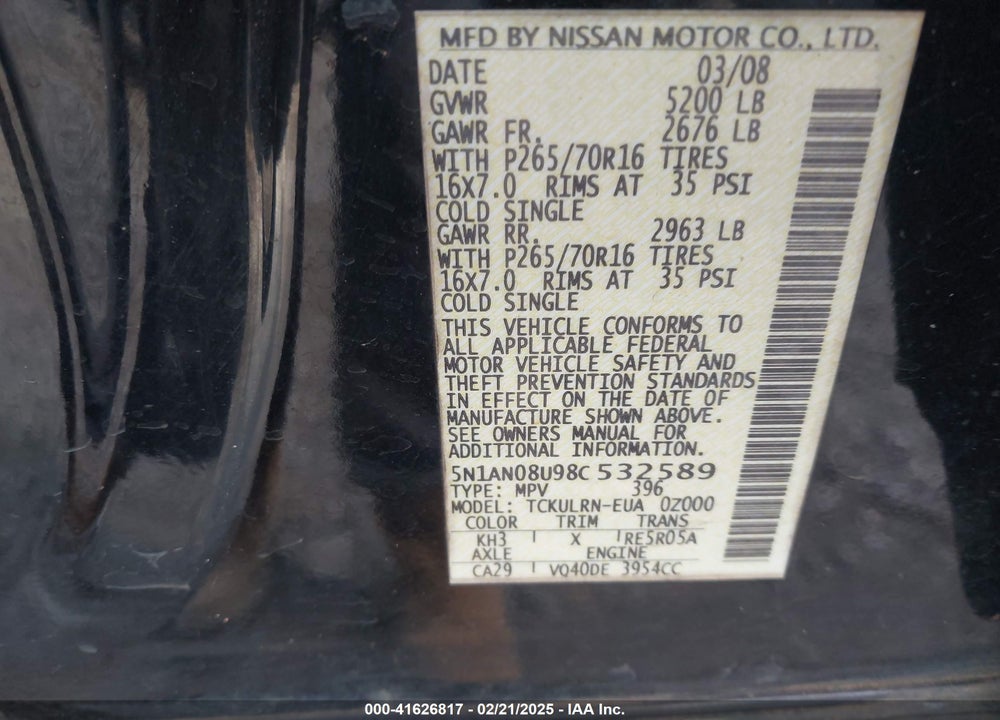 2008 NISSAN XTERRA S VIN: 5N1AN08U98C532589