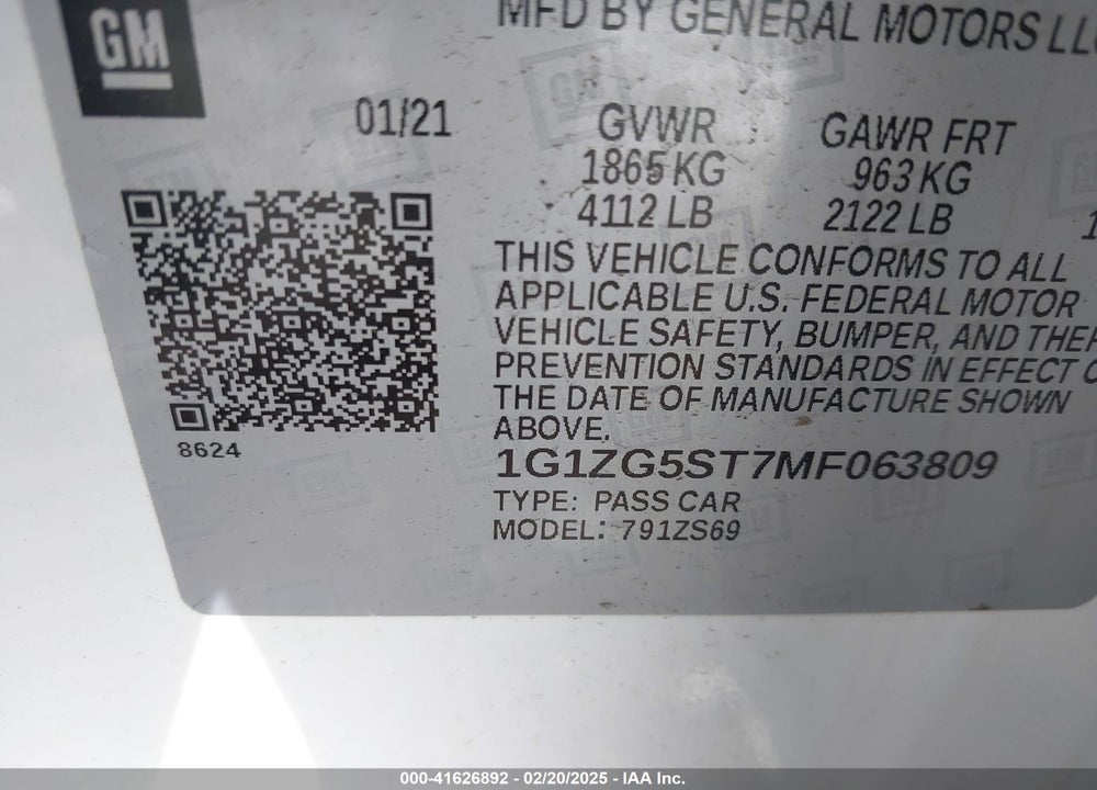 2021 CHEVROLET MALIBU VIN: 1G1ZG5ST7MF063809
