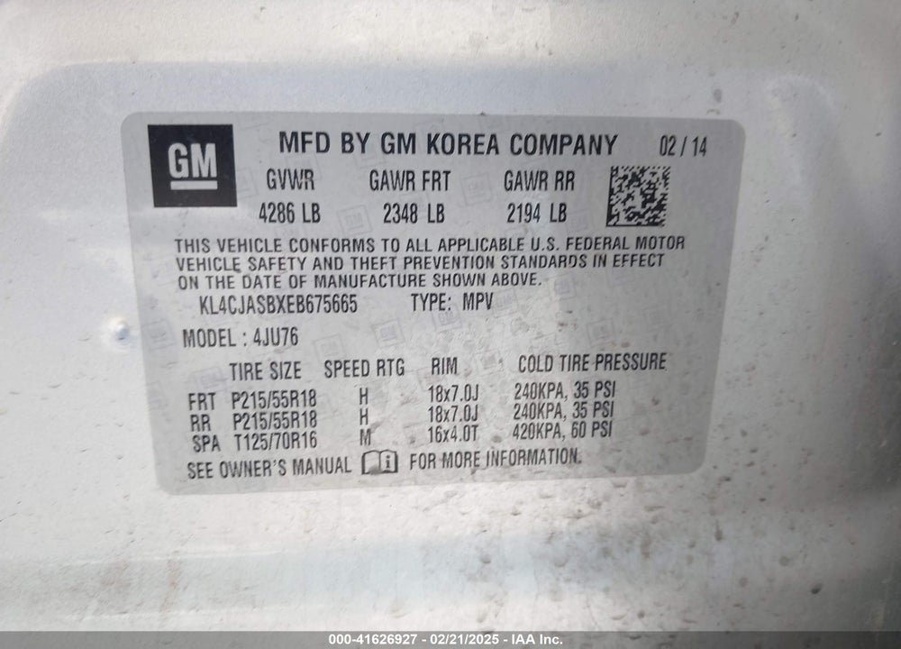 2014 BUICK ENCORE VIN: KL4CJASBXEB675665