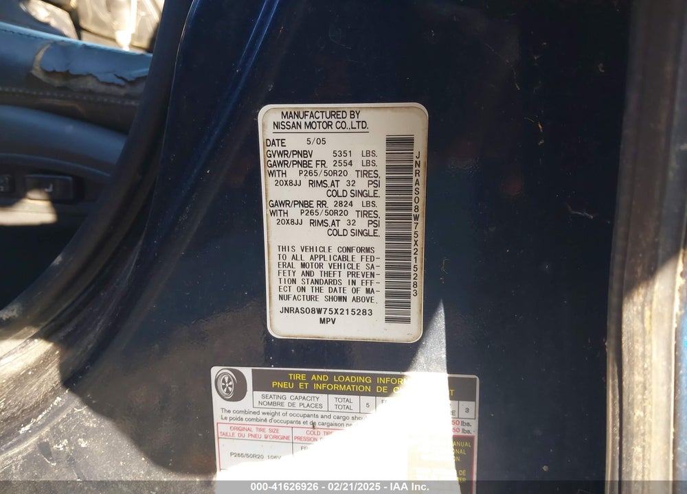 2005 INFINITI FX35 VIN: JNRAS08W75X215283