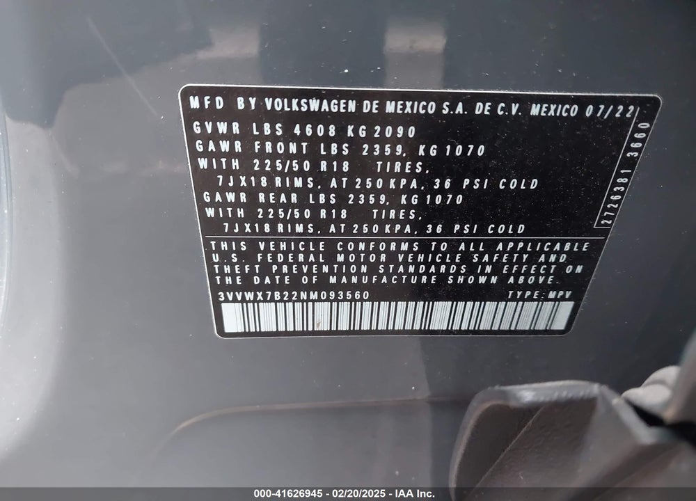 2022 VOLKSWAGEN TAOS 1.5T SE VIN: 3VVWX7B22NM093560