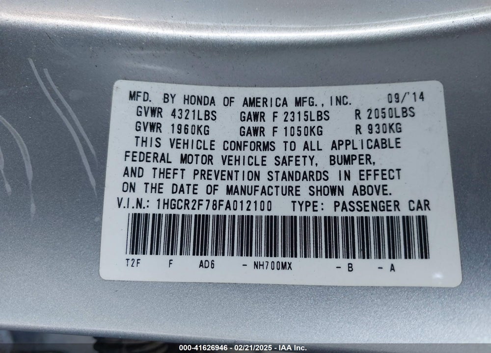 2015 HONDA ACCORD VIN: 1HGCR2F78FA012100