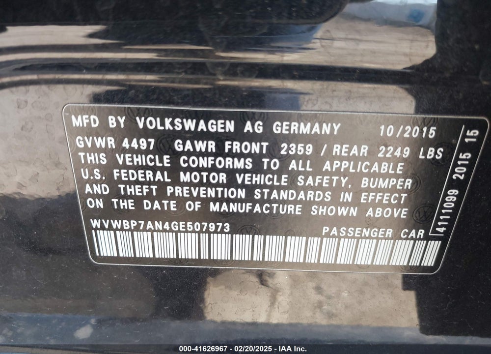 2016 VOLKSWAGEN CC VIN: WVWBP7AN4GE507973