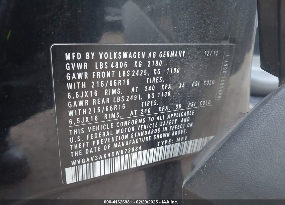 2013 VOLKSWAGEN TIGUAN S VIN: WVGAV3AX4DW572884