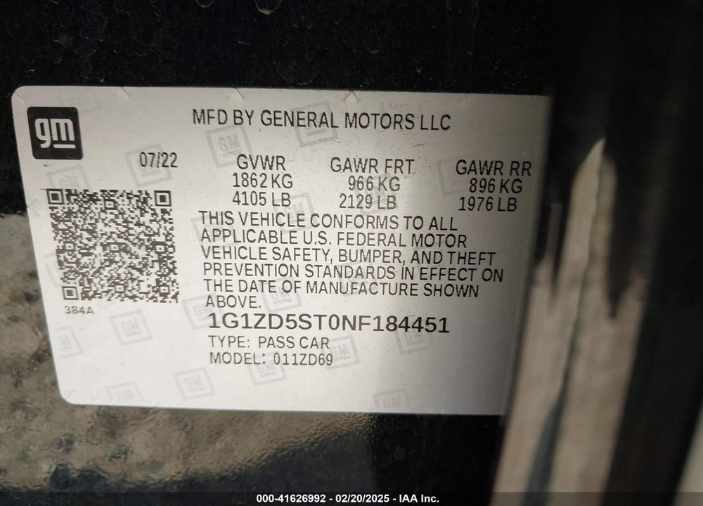 2022 CHEVROLET MALIBU FWD LT VIN: 1G1ZD5ST0NF184451