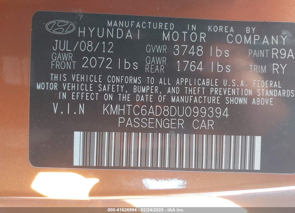 2013 HYUNDAI VELOSTER VIN: KMHTC6AD8DU099394