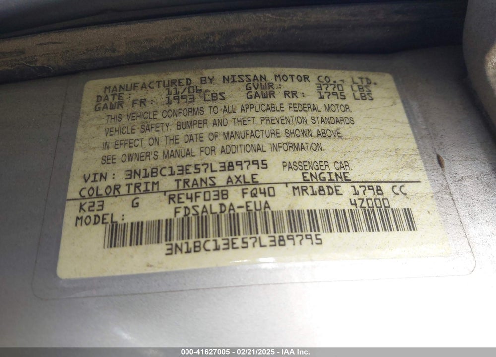 2007 NISSAN VERSA VIN: 3N1BC13E57L389795