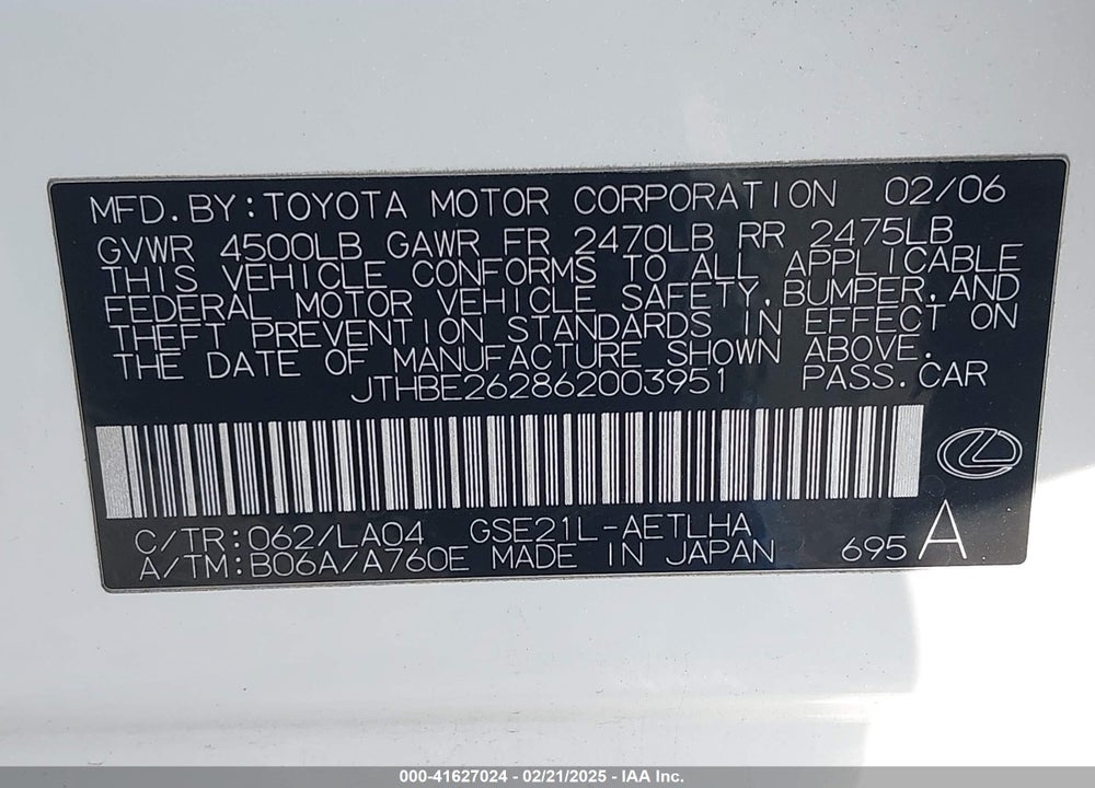 2006 LEXUS IS 350 VIN: JTHBE262862003951