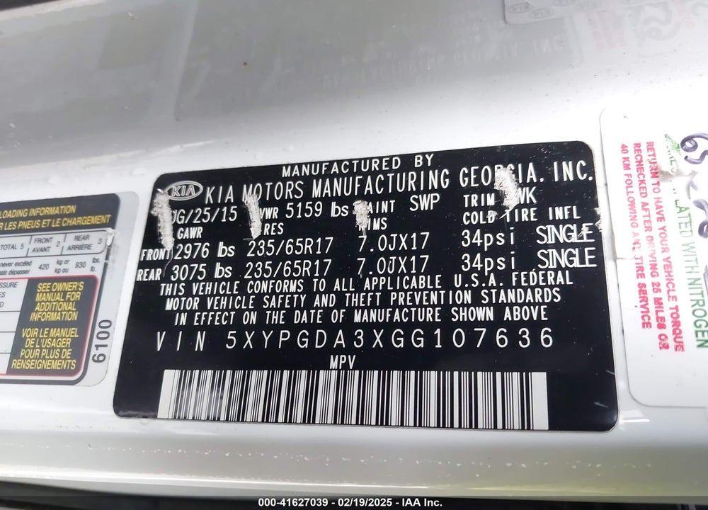 2016 KIA SORENTO 2.4L LX VIN: 5XYPGDA3XGG107636