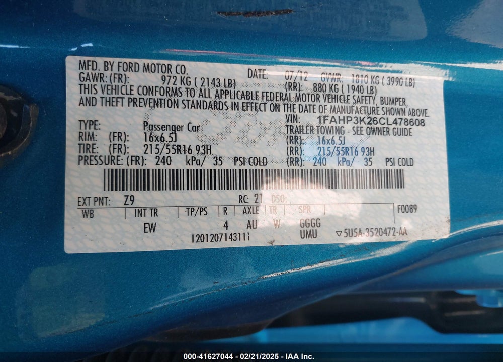 2012 FORD FOCUS SE VIN: 1FAHP3K26CL478608
