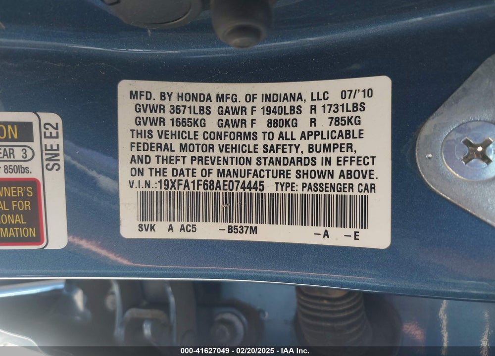 2010 HONDA CIVIC VIN: 19XFA1F68AE074445