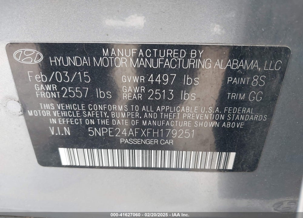 2015 HYUNDAI SONATA VIN: 5NPE24AFXFH179251