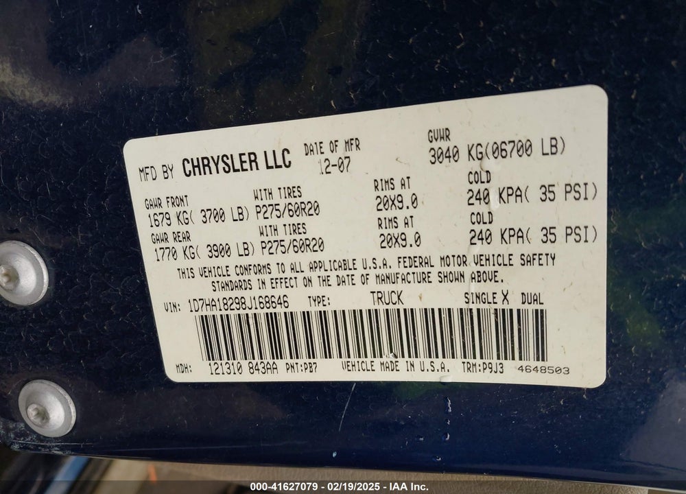 2008 DODGE RAM 1500 VIN: 1D7HA18298J168646
