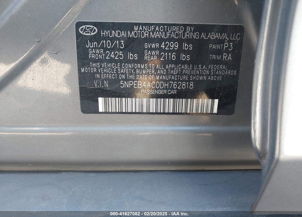 2013 HYUNDAI SONATA VIN: 5NPEB4AC0DH762818