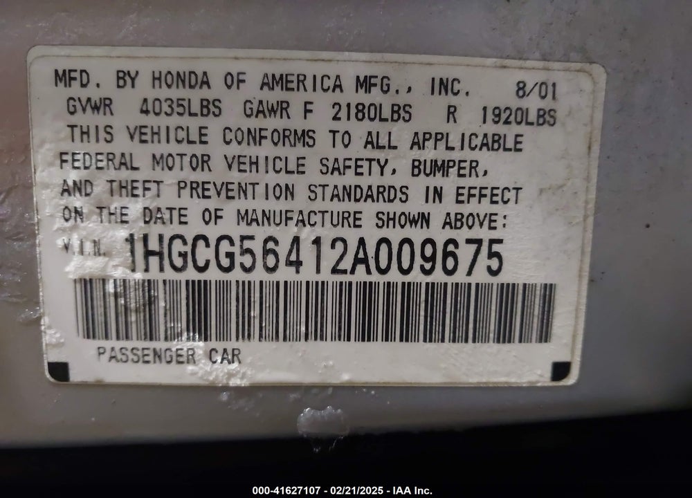 2002 HONDA ACCORD 2.3 LX VIN: 1HGCG56412A009675