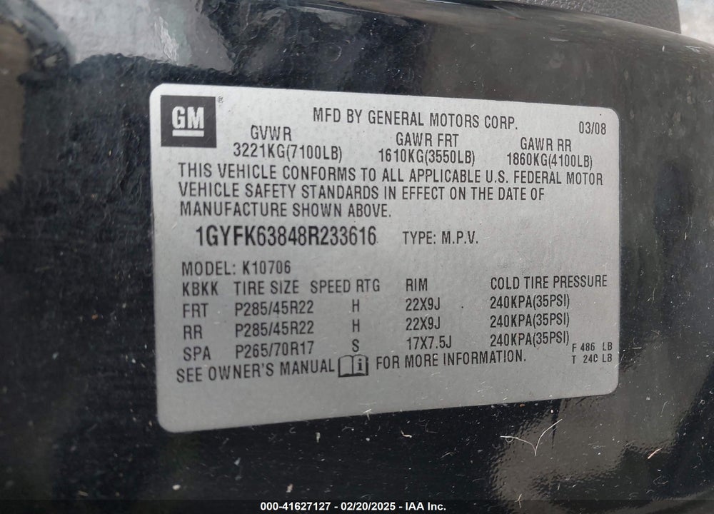 2008 CADILLAC ESCALADE STANDARD VIN: 1GYFK63848R233616