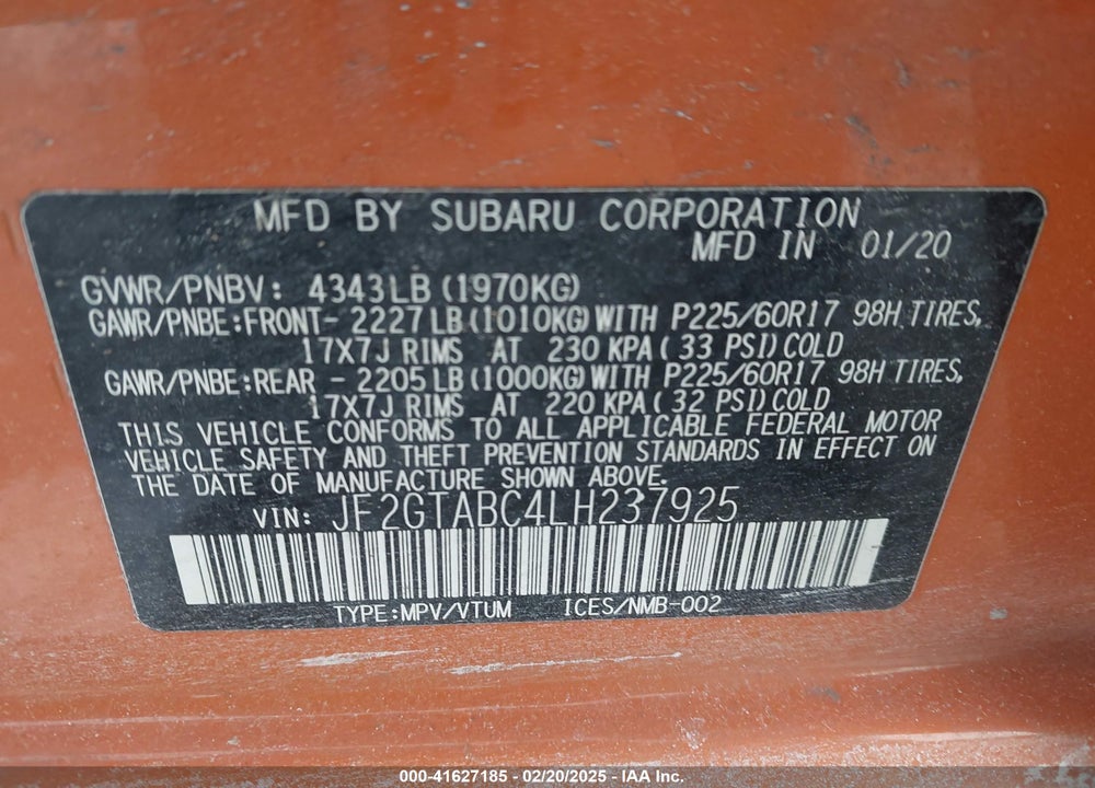 2020 SUBARU CROSSTREK VIN: JF2GTABC4LH237925
