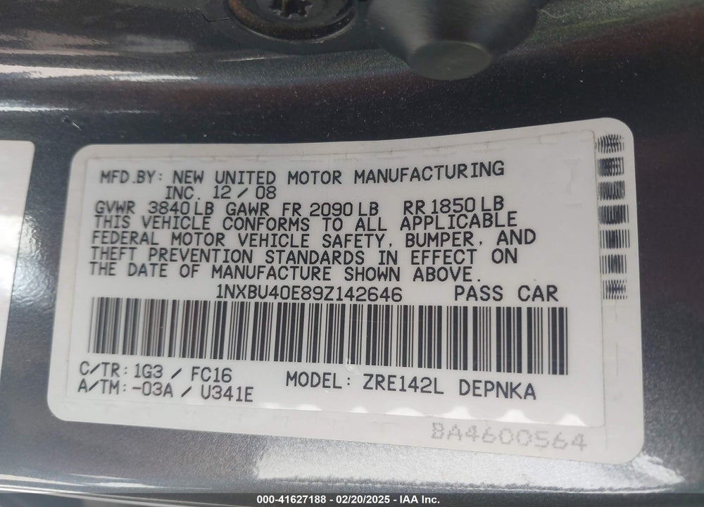 2009 TOYOTA COROLLA VIN: 1NXBU40E89Z142646