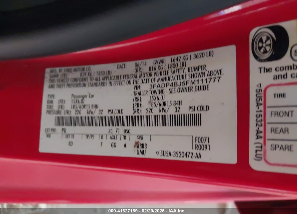 2015 FORD FIESTA VIN: 3FADP4BJ5FM111777