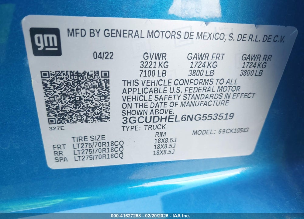 2022 CHEVROLET SILVERADO 1500 VIN: 3GCUDHEL6NG553519