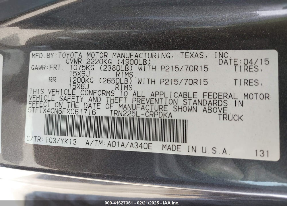 2015 TOYOTA TACOMA VIN: 5TFTX4CN6FX061716