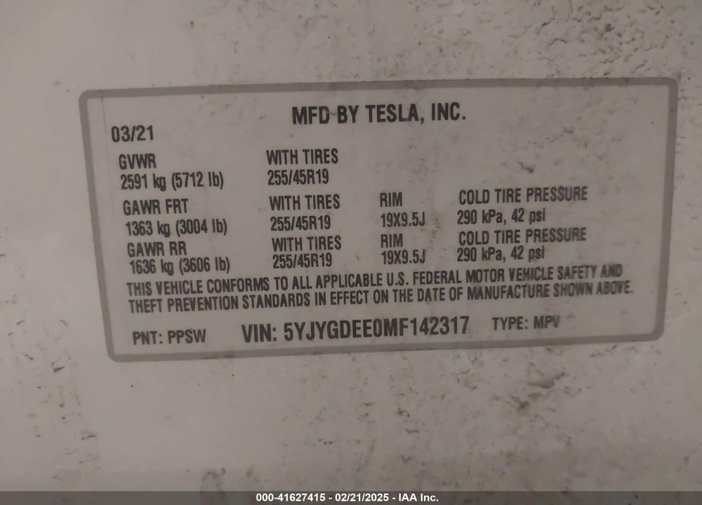 2021 TESLA MODEL Y LONG RANGE DUAL MOTOR ALL-WHEEL DRIVE VIN: 5YJYGDEE0MF142317