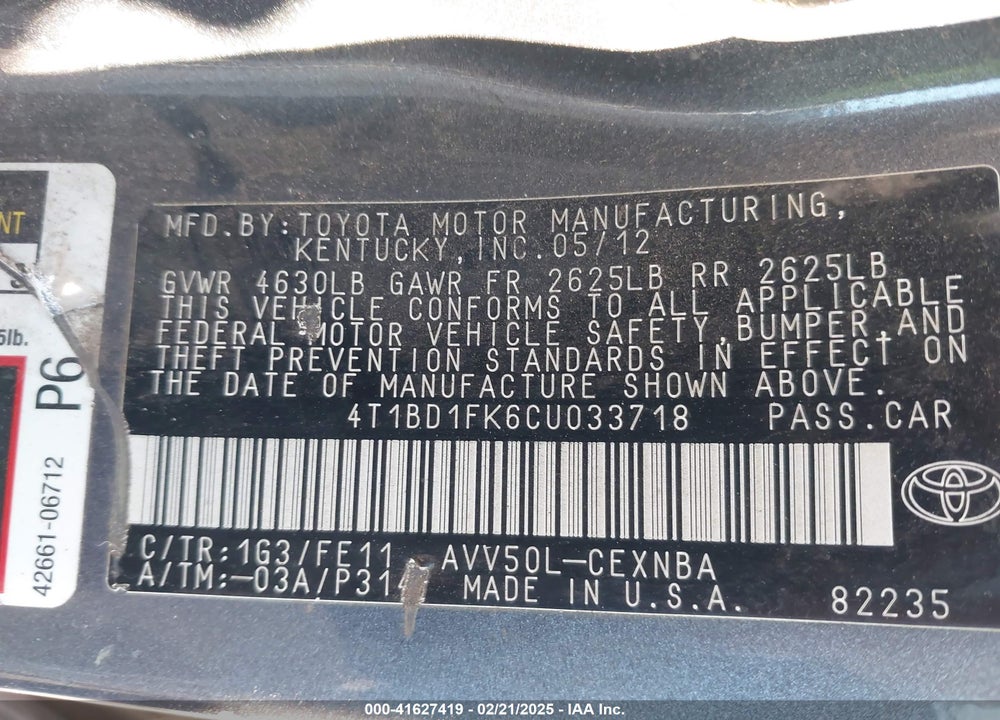 2012 TOYOTA CAMRY HYBRID VIN: 4T1BD1FK6CU033718
