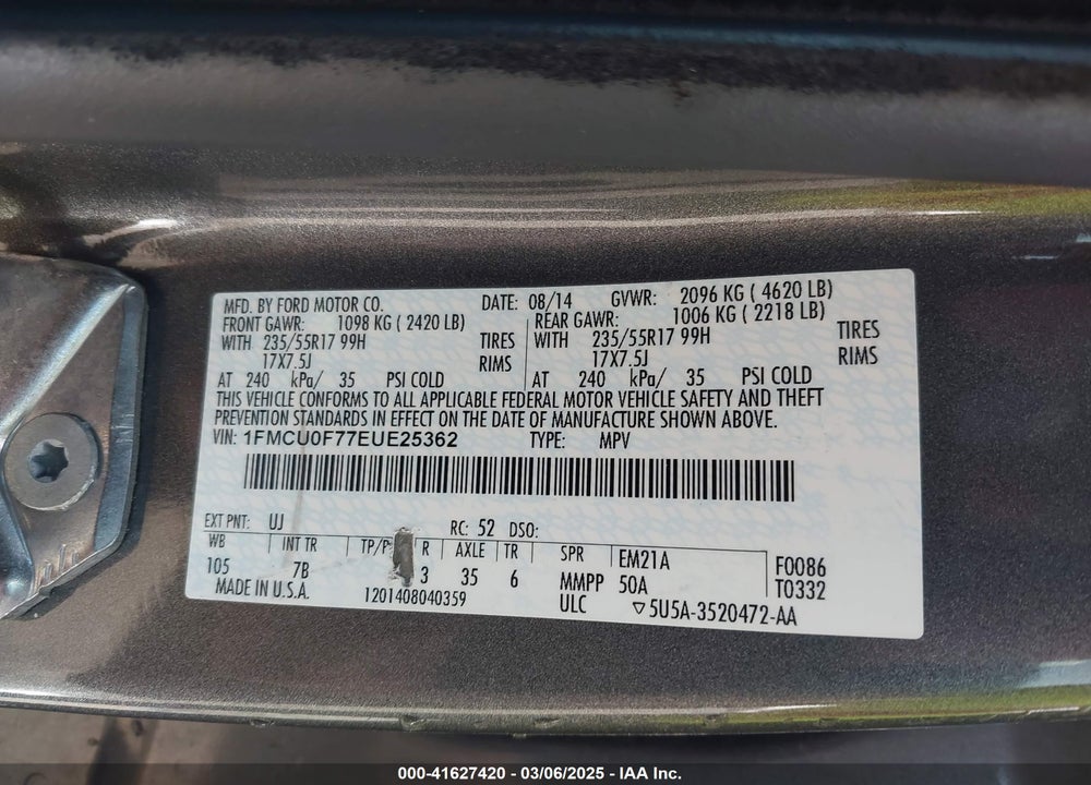 2014 FORD ESCAPE S VIN: 1FMCU0F77EUE25362