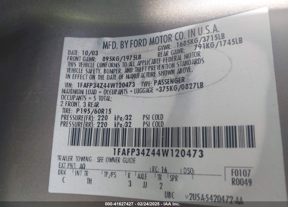 2004 FORD FOCUS SE VIN: 1FAFP34Z44W120473