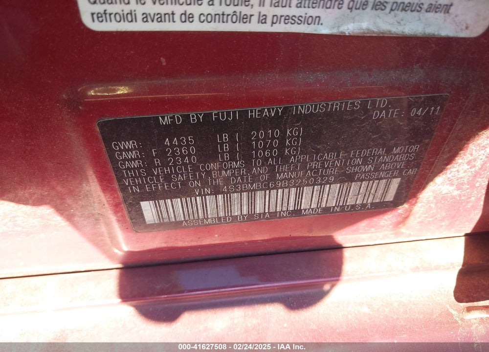 2011 SUBARU LEGACY 2.5I PREMIUM VIN: 4S3BMBC69B3250329
