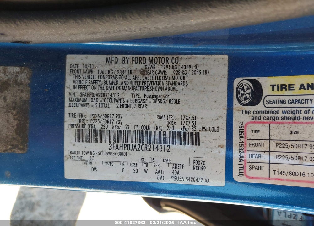 2012 FORD FUSION SEL VIN: 3FAHPOJA2CR214312