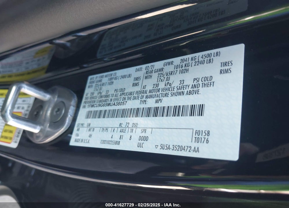 2021 FORD ESCAPE SE VIN: 1FMCU9G65MUA38057