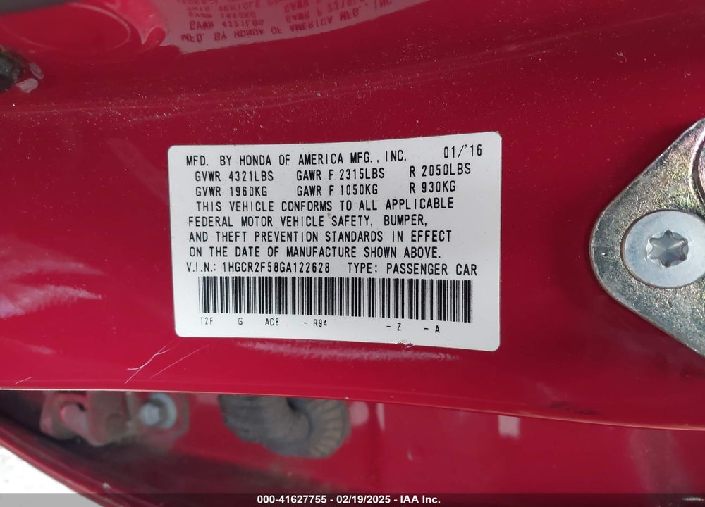 2016 HONDA ACCORD VIN: 1HGCR2F58GA122628