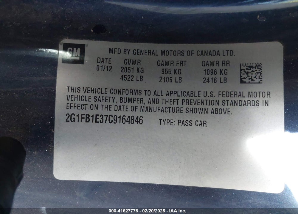 2012 CHEVROLET CAMARO VIN: 2G1FB1E37C9164846