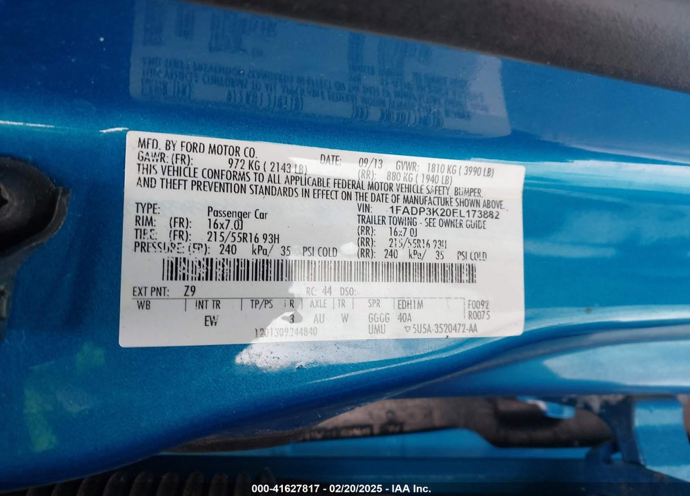 2014 FORD FOCUS VIN: 1FADP3K20EL173882