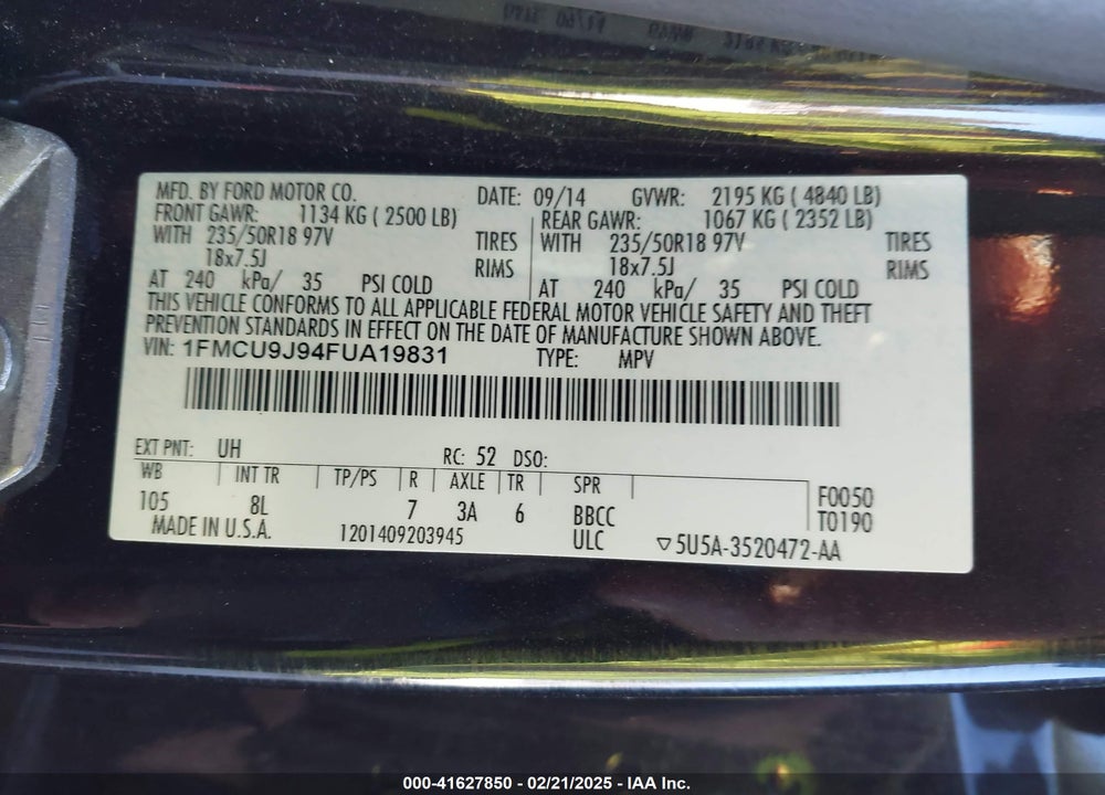 2015 FORD ESCAPE TITANIUM VIN: 1FMCU9J94FUA19831