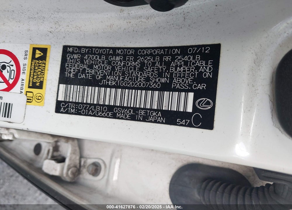 2013 LEXUS ES 350 VIN: JTHBK1GG2D2007360