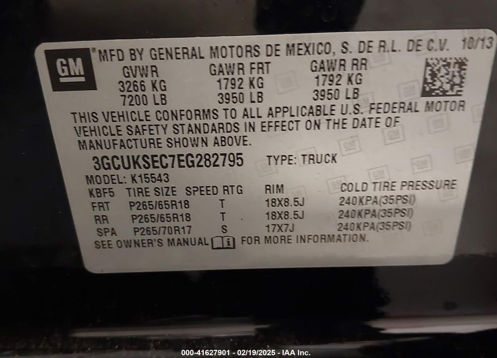 2014 CHEVROLET SILVERADO 1500 VIN: 3GCUKSEC7EG282795
