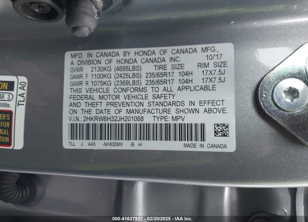 2018 HONDA CR-V VIN: 2HKRW6H32JH201068
