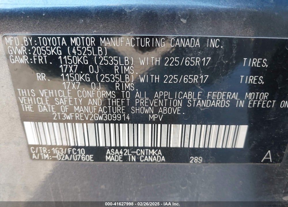 2016 TOYOTA RAV4 VIN: 2T3WFREV2GW309914