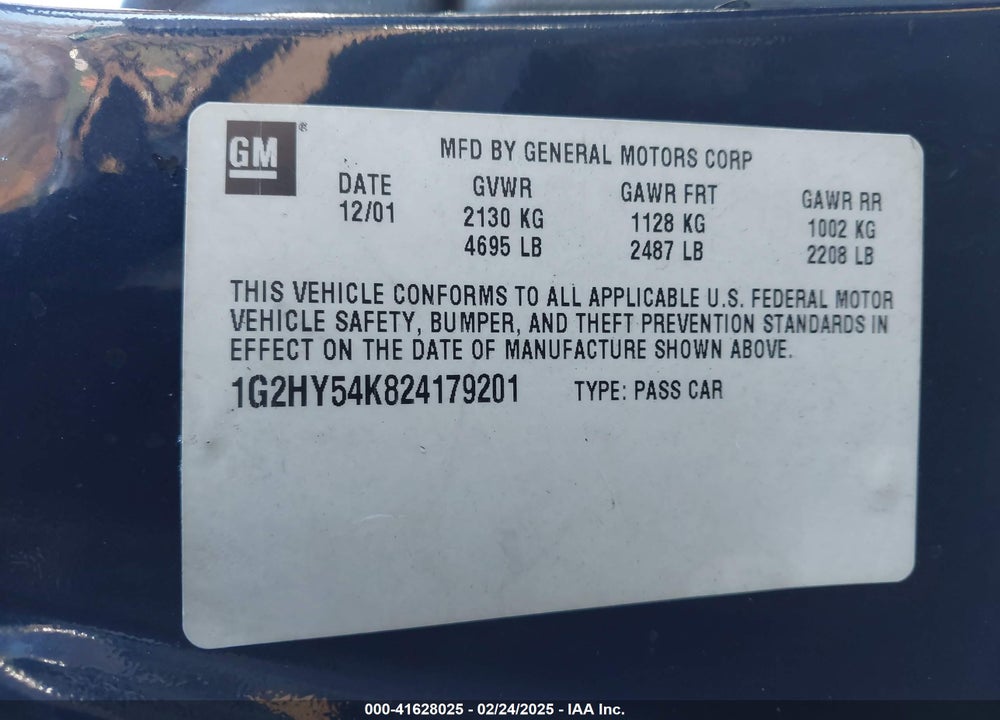 2002 PONTIAC BONNEVILLE SLE VIN: 1G2HY54K824179201