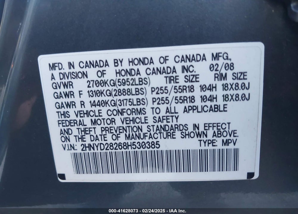 2008 ACURA MDX VIN: 2HNYD28268H530385