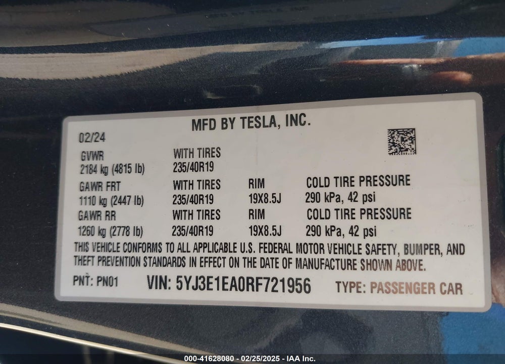 2024 TESLA MODEL 3 VIN: 5YJ3E1EA0RF721956
