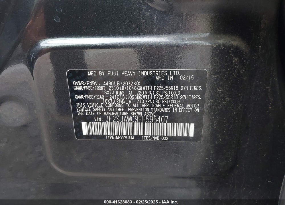 2015 SUBARU FORESTER VIN: JF2SJAWC9FH595407